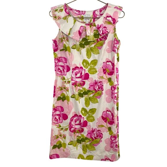 Sara Campbell Ruffled Collar Sheath Dress Size 8 Pink Garden Print Knee Length - Picture 7 of 8